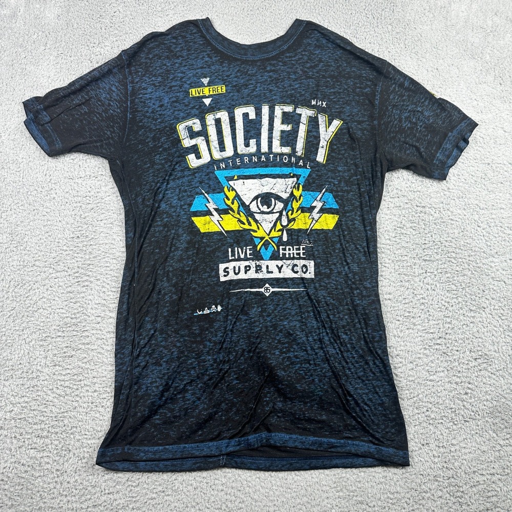 Society Live Free Thin Graphic T-Shirt Mens XL Black Blue Burnout Buckle